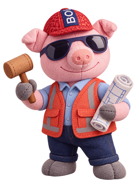 Frank the plush piggy, ready to build with his mallet and blueprints
